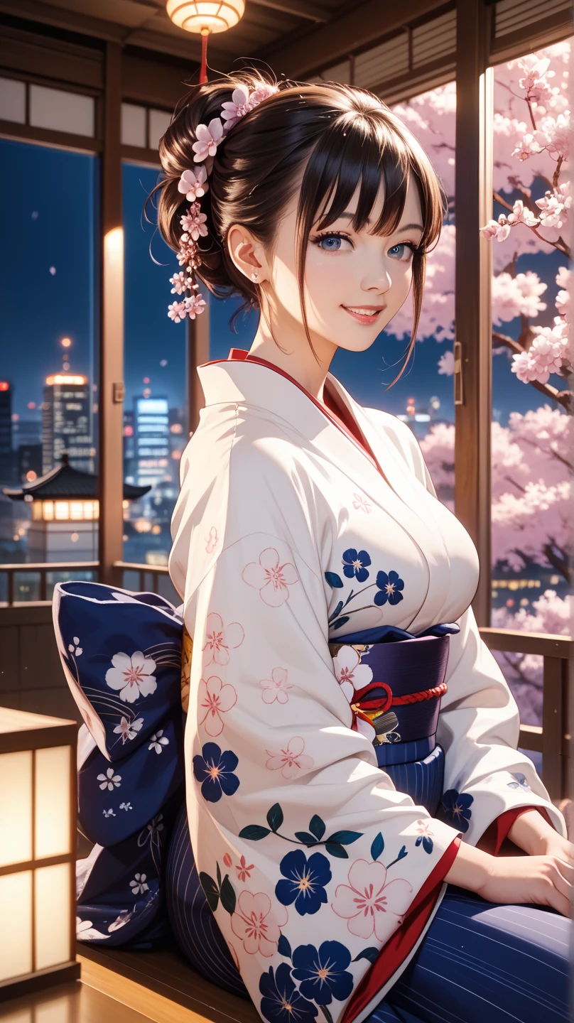 ♥(Japanese beautiful flower printed kimono,yukata),((1girl,cute,young,semi long beautiful black hair,blunt bangs,twin tales,beautiful eyes)),(solo),((masterpiece, highest resolution,best quality)), (beautiful illustration),(Japanese beautiful flower printed kimono,yukata),
(looking at the viewer), innocent smile,cinematic lighting,Japanese Festival,stall,fireworks,night sky,full moon,shooting star,