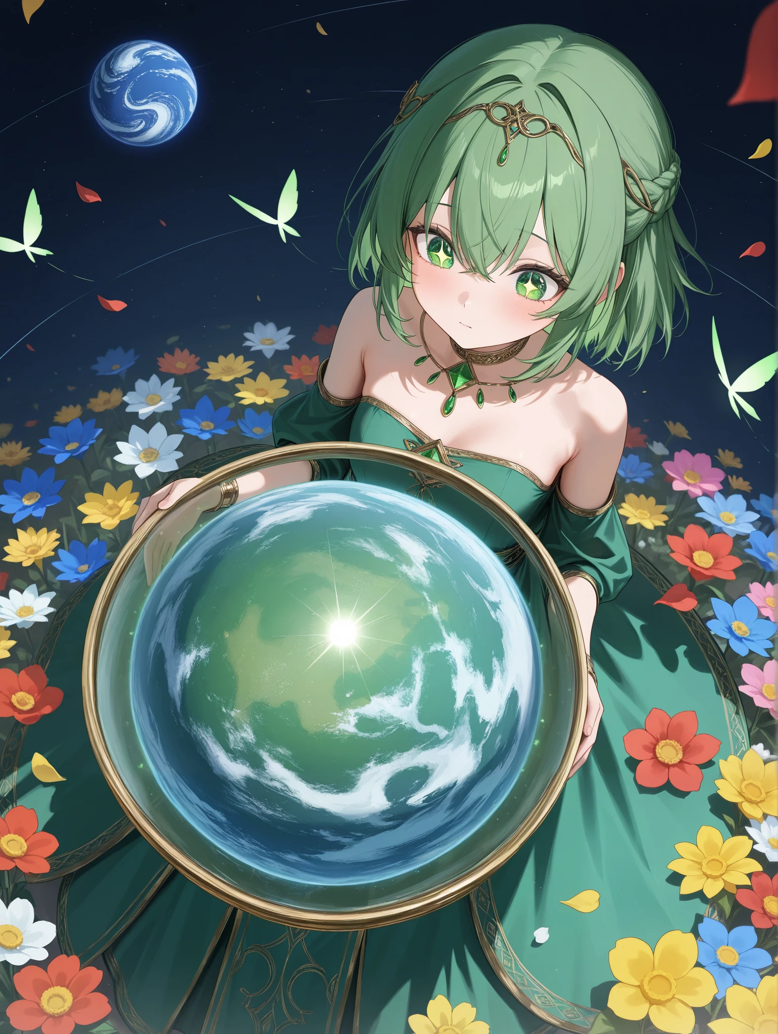 Early morning, Clip art of mysterious Girl, high angle, Between Space and Earth, The girl's head is decorated with many flowers, unravel, Universe, Necessary, Petals flying around, Illustration with a slightly scientific feel, Looking down on the Nazca Lines from a high vantage point, Higher, Emerald green eyes, Dressed in ethnic dress, the girl has a well-balanced body, sparkling eyes, brightly, SHARE