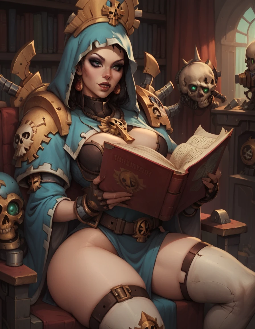 warhammer 40k, library, servo-skull, female tech priest, makeup, wide belt, (thigh high pumped stripper stiletto boots), reading