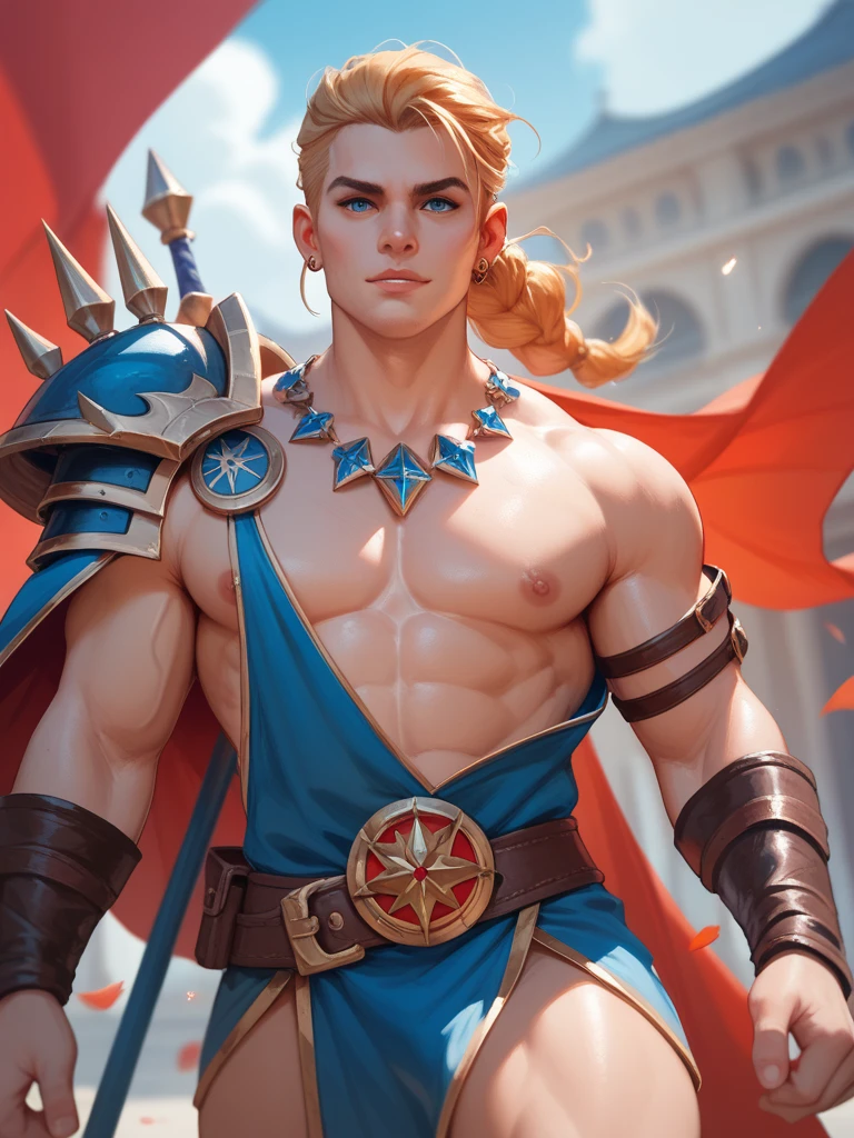 (absurdres, highres, ultra detailed, best quality, 8k, HDR), 1boy, solo, adult, handsome, ((tall muscular guy, broad shoulders)), finely detailed eyes, ((short blonde hair)), hair between eyes, forehead, ice blue eyes, magical spell, fantasy armor, (revealing armor, long cloak), (abs, sixpack, nsfw), sword, from waist, face focused, in the middle of war, in action, dynamic pose, running high speed, fantasy scenery, flames, weapons, war amidst in the background,closed mouth, looking away, ((depth of fields))