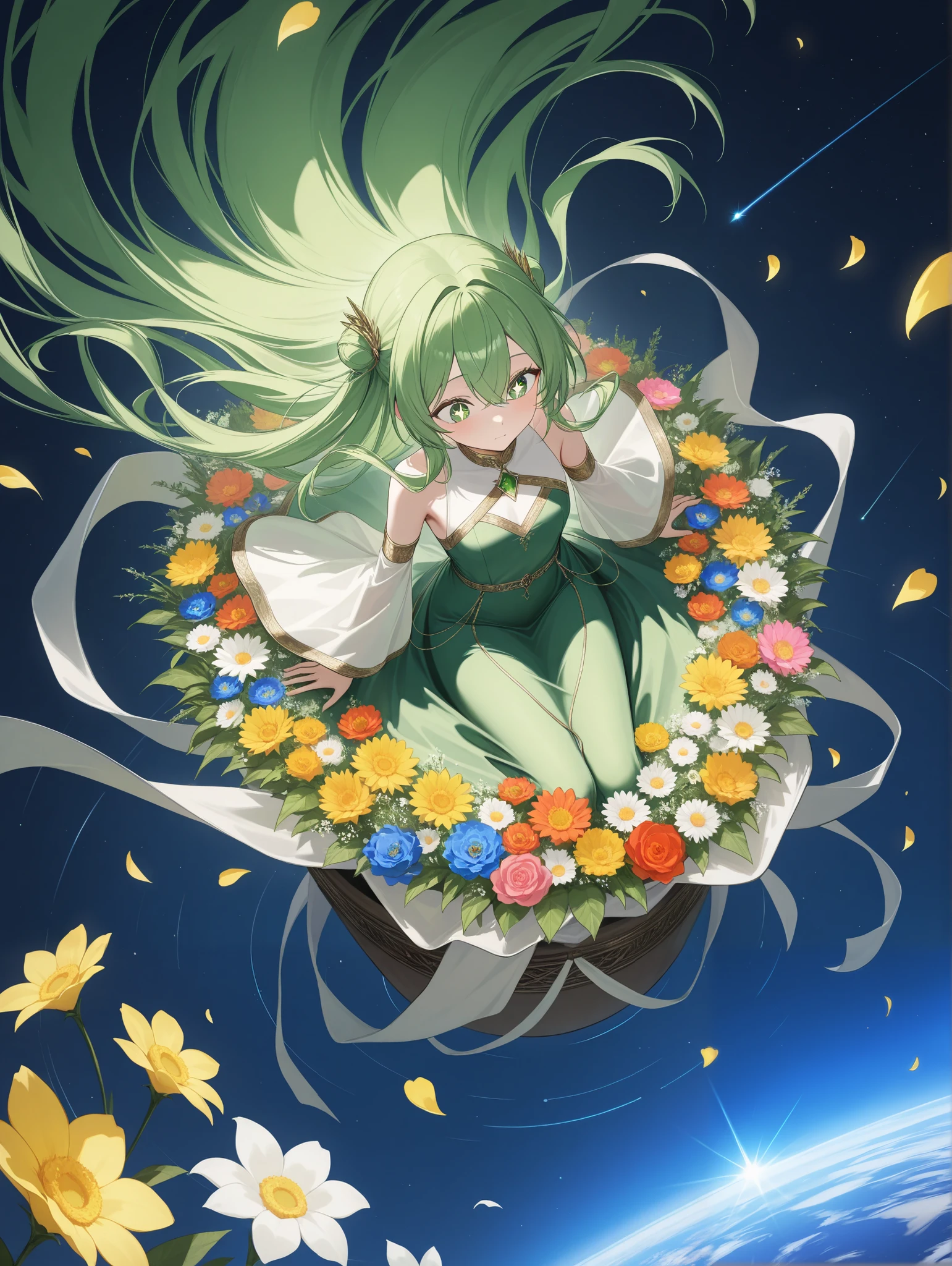 Early morning, Clip art of mysterious Girl, high angle, Between Space and Earth, The girl's head is decorated with many flowers, unravel, Universe, Necessary, Petals flying around, Illustration with a slightly scientific feel, Looking down on the Nazca Lines from a high vantage point, Higher, Emerald green eyes, Dressed in ethnic dress, the girl has a well-balanced body, sparkling eyes, brightly, SHARE