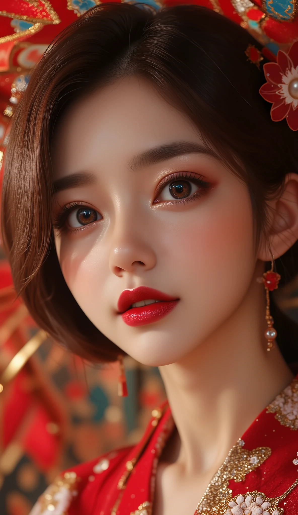 best quality, 4k, 8k, highres, masterpiece:1.2, ultra-detailed, realistic, photorealistic, photo-realistic:1.37, anatomically correct, 1girl, beautiful detailed eyes, beautiful detailed lips, extremely detailed eyes and face, long eyelashes, pale skin, bob haircut, sparkling eyes, red lipstick, yukata, detailed background, intricate pattern, dynamic pose, cinematic lighting, vibrant colors