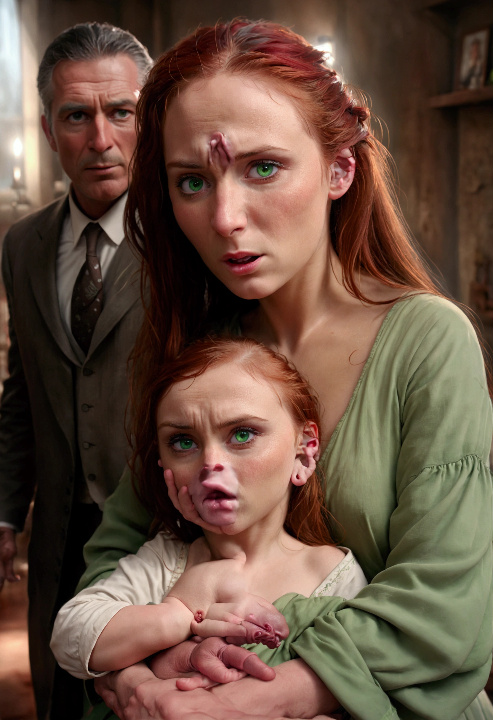 imminent penetration:1.464, A beautiful young woman with long red hair holding , green eyes a small baby in her arms, the 's father is a stern-looking man with a hooked nose, ethereal lighting, detailed realistic portrait, cinematic composition, dramatic chiaroscuro lighting, deep emotional expression, cinematic quality, 4k, masterpiece, highly detailed, photorealistic