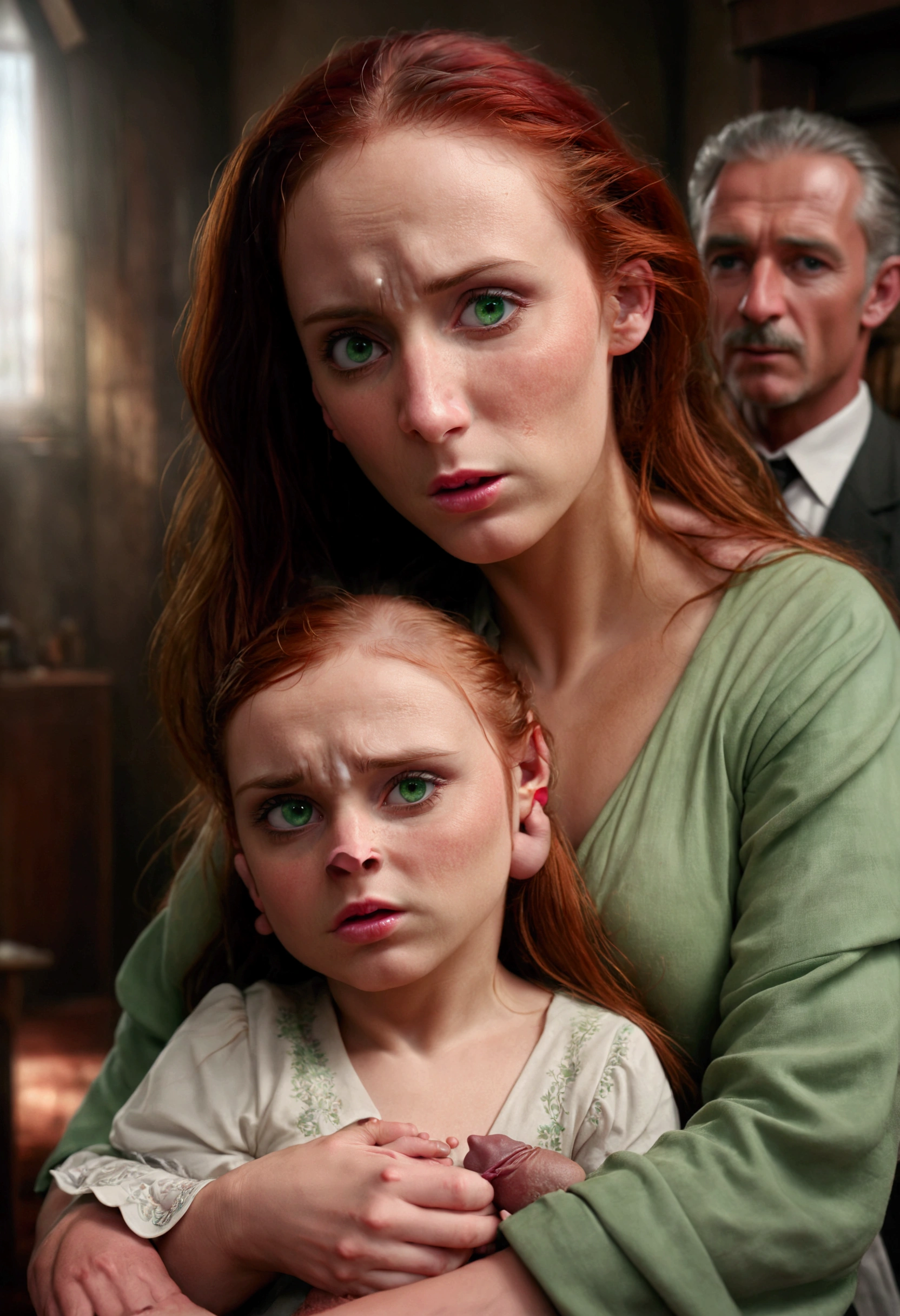 imminent penetration:1.464, A beautiful young woman with long red hair holding , green eyes a small baby in her arms, the 's father is a stern-looking man with a hooked nose, ethereal lighting, detailed realistic portrait, cinematic composition, dramatic chiaroscuro lighting, deep emotional expression, cinematic quality, 4k, masterpiece, highly detailed, photorealistic