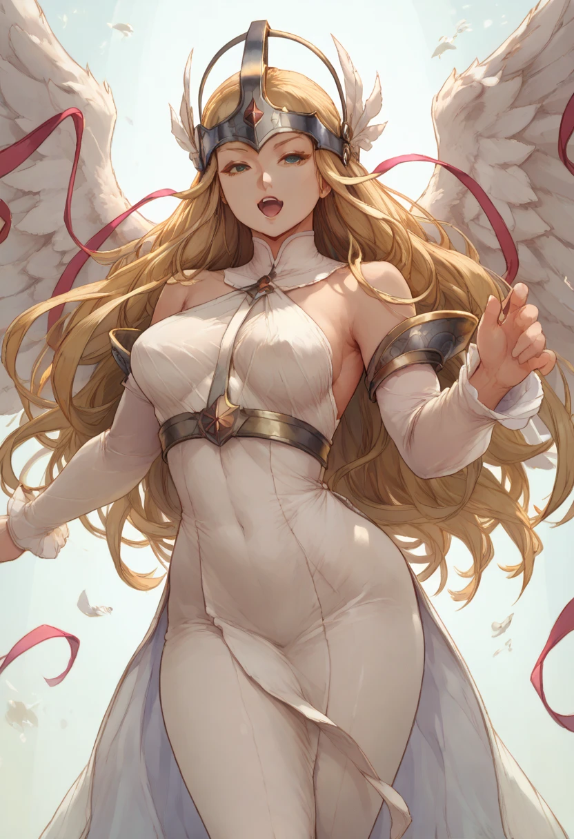 Very detailed、highest quality、Best image quality、masterpiece、8k、Angewomon、Anime Face、Winged Helmet、Open Mouth、(Blonde long hair)、(SFW Giant)、Cowboy Shot