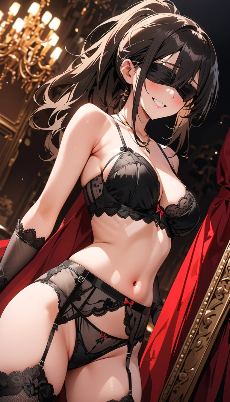gorgeous, masterpiece, best quality, high-resolution, finely detailed, extremely detailed and beautiful, distinct-image, 1 girl, 16 year old ager, solo, sharp facial features, oval shaped face. cherry pink lips, lightly tanned white skin. velvet-colored eyes, C-cup breasts, tall height(175cm), slim yet chiseled body type, short shoulder length dark violet-black hair, small narrow waist, long and slender legs, curvy wide hips, elegant gothic courtyard setting, crisscross bralette top, stockings