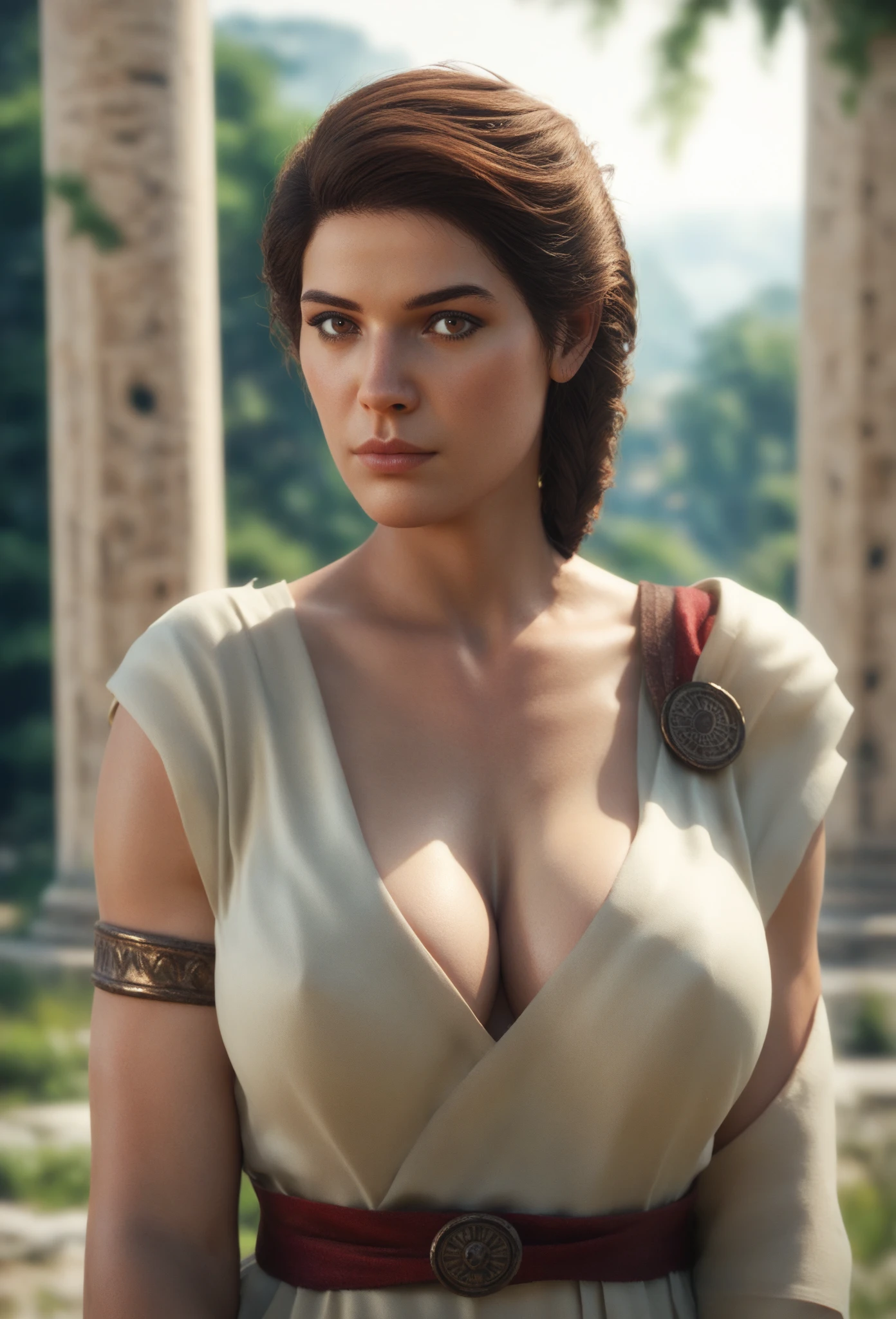 extremely detailed nsfw Kassandra Assassin's Creed,Detailed Lips,Detailed Eyes, detailed eyelashes, detailed face, textured skin, super detail lighting ((full body shot,)) sexy reviling clothing, 