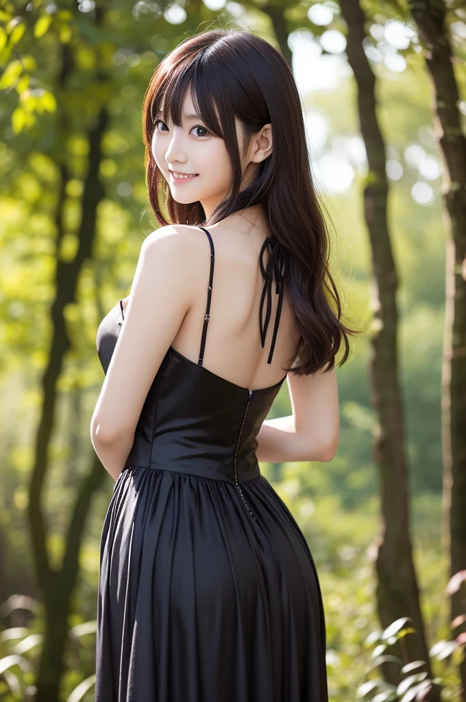 (Best-quality, Masterpiece, Ultra-High-Resolution, (Photorealistic:1.4), Raw Photo, depth of field, professional lighting, perfect anatomy, extremely details), 1girl, 15-years-old, the most famous Japanese idol, (((at flower garden, booty pose, extremely low angle))), ((wearing extremely-cute-lacy-dress)), (extremely cute and extremely childish face like the most popular Japanese idol,((extremely cute and extremely big eyes)), extremely beautiful black-long-hair, ((extremely beautiful skins)), extremely cute long-eyelashes, extremely cute lips, extremely cute legs), ((innocent smile))