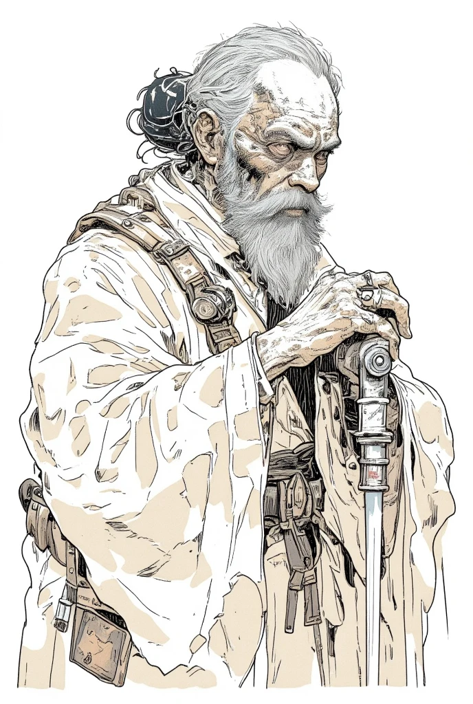  picture of an old man wearing a robe with a cane,Gray Hair,Whitebeard, very fine ink lines , More about ultra-fine ink, Drawn with a single line,  ink outline , Ultra-fine details, hand drawn, Very fine ink lines ,  picture on parchment , Single line drawing,  illustration black outline , fine inking lines