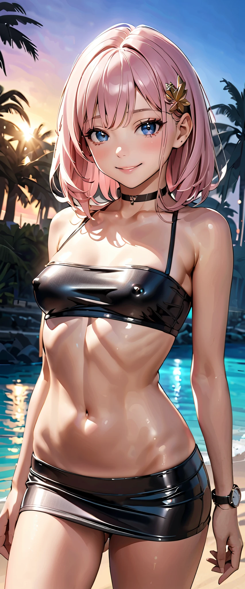  top quality ,  super high res, ( realistic:1.4), One person,   small breasts,  black chokers, smile, Exposing shoulders,  Focus Only ,  Watch viewers,Fair skin,sunset, palm trees, photon mapping,  looking up with moist eyes,  RAW photos ,  very detailed background, K-pop idol, is written by,beach, hair ornament, detailed face , pubic skin, game cg,whole body, shiny micro mini skirt,black shiny micro tube top, covered nipples