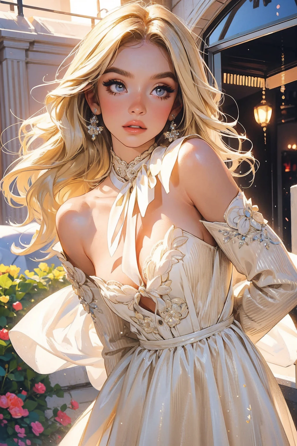 A woman with Margot Robbie&#39;s face, bikini,highest quality, Very detailed, 1 girl, alone, Standing ceremony, Redhead, Long braided hair, Golden Eyes, bangs, Naked Women,Very small pointy breasts, White bikini swimsuit, Looks lewd,, (bad: 1.2),Exposing breasts, Looking at the audience,Spread your legs, (Face to face: 1.3), (Dark Background, rock: 1.3), Full Shot, Crisp contrast, Beautiful fine details, Sleeping girl,White panties,High heels,,The happi coat is open,I can see your underwear,