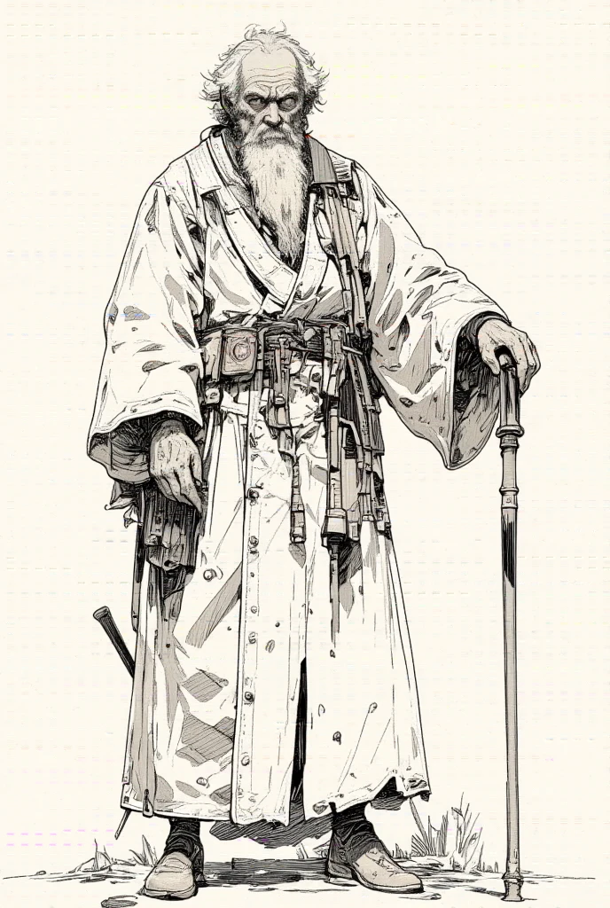  picture of an old man wearing a robe with a cane,Gray Hair,Whitebeard, very fine ink lines , More about ultra-fine ink, Drawn with a single line,  ink outline , Ultra-fine details, hand drawn, Very fine ink lines ,  picture on parchment , Single line drawing,  illustration black outline , fine inking lines