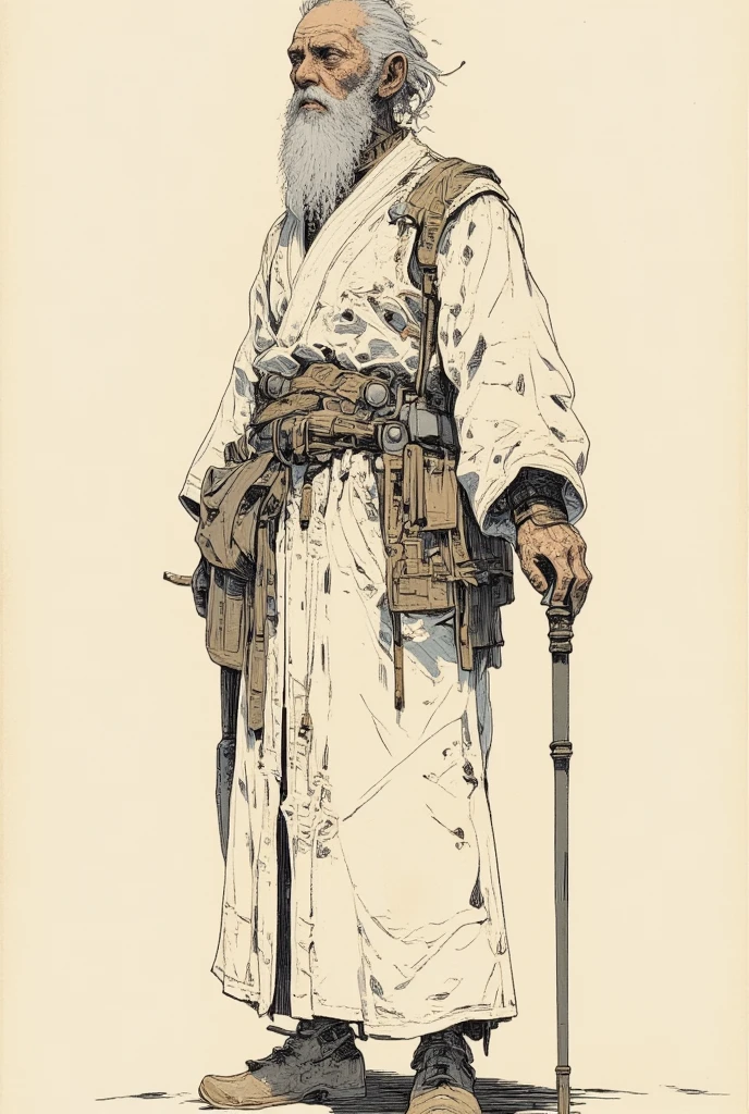  picture of an old man wearing a robe with a cane,Gray Hair,Whitebeard, very fine ink lines , More about ultra-fine ink, Drawn with a single line,  ink outline , Ultra-fine details, hand drawn, Very fine ink lines ,  picture on parchment , Single line drawing,  illustration black outline , fine inking lines