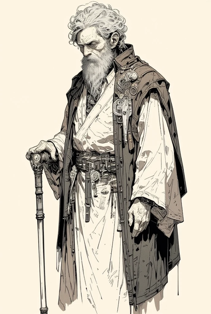  picture of an old man wearing a robe with a cane,Gray Hair,Whitebeard, very fine ink lines , More about ultra-fine ink, Drawn with a single line,  ink outline , Ultra-fine details, hand drawn, Very fine ink lines ,  picture on parchment , Single line drawing,  illustration black outline , fine inking lines