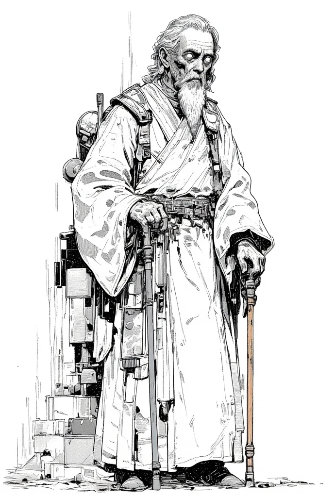  picture of an old man wearing a robe with a cane,Gray Hair,Whitebeard, very fine ink lines , More about ultra-fine ink, Drawn with a single line,  ink outline , Ultra-fine details, hand drawn, Very fine ink lines ,  picture on parchment , Single line drawing,  illustration black outline , fine inking lines