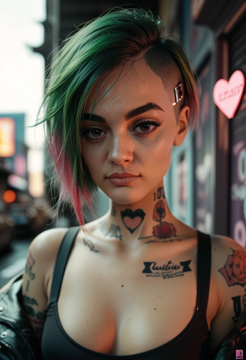 anime, hdr, soft light, ((best quality)), ((masterpiece)), (detailed), > judyalvarez, medium breasts, brown eyes, short green hair, multicolored hair, undercut, tattoo, jewelry, white crop top, captivating pose, looking at viewer, facing viewer, (upper body, close-up:1.1), ahegao, blush, tongue out, simple background, 