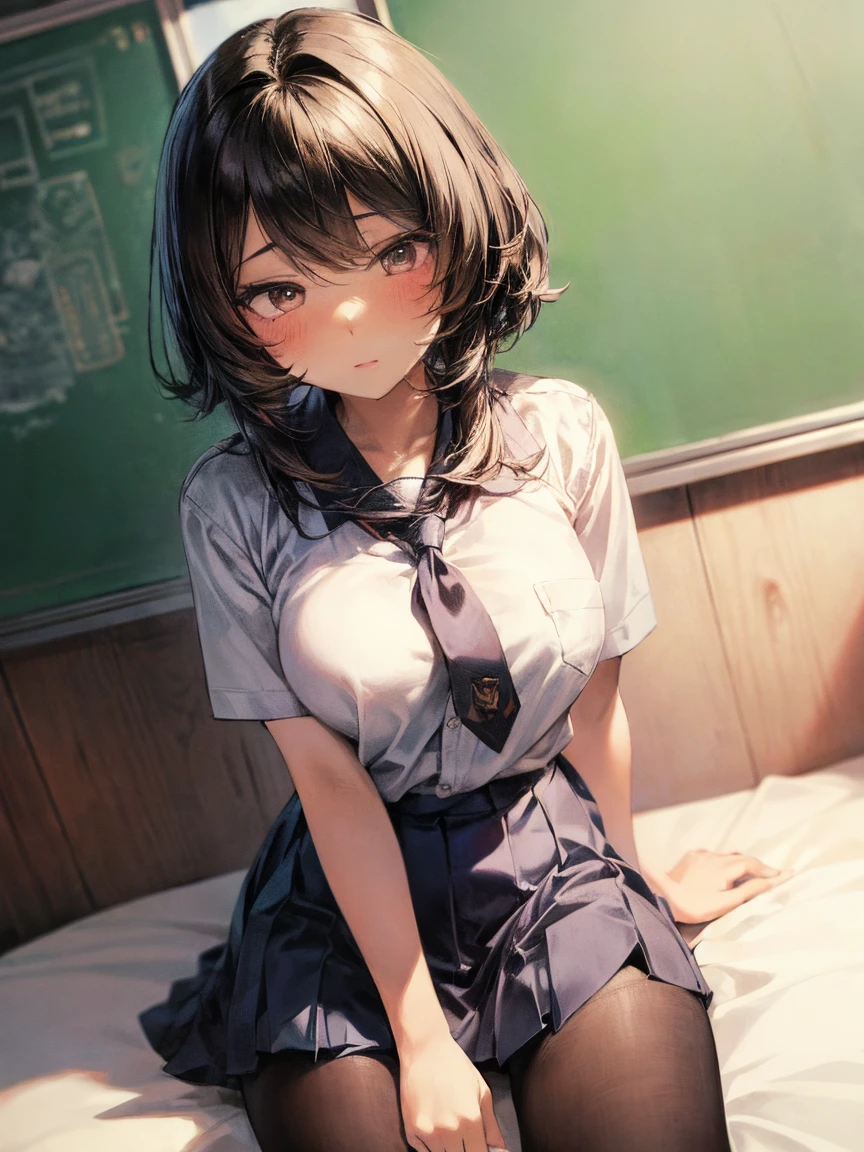 (masterpiece, highest quality:1.2)、(1 girl))、(high school uniform)、(School classroom)、(eyes half closed)、(lots of drool:1.3)、The body shakes violently、[:(detailed face:1.2):0.2] , (Cute tattoo)  , ((Black very short hair)) , , Sitting with Knees Up on bed, spread legs , (black pantyhose)