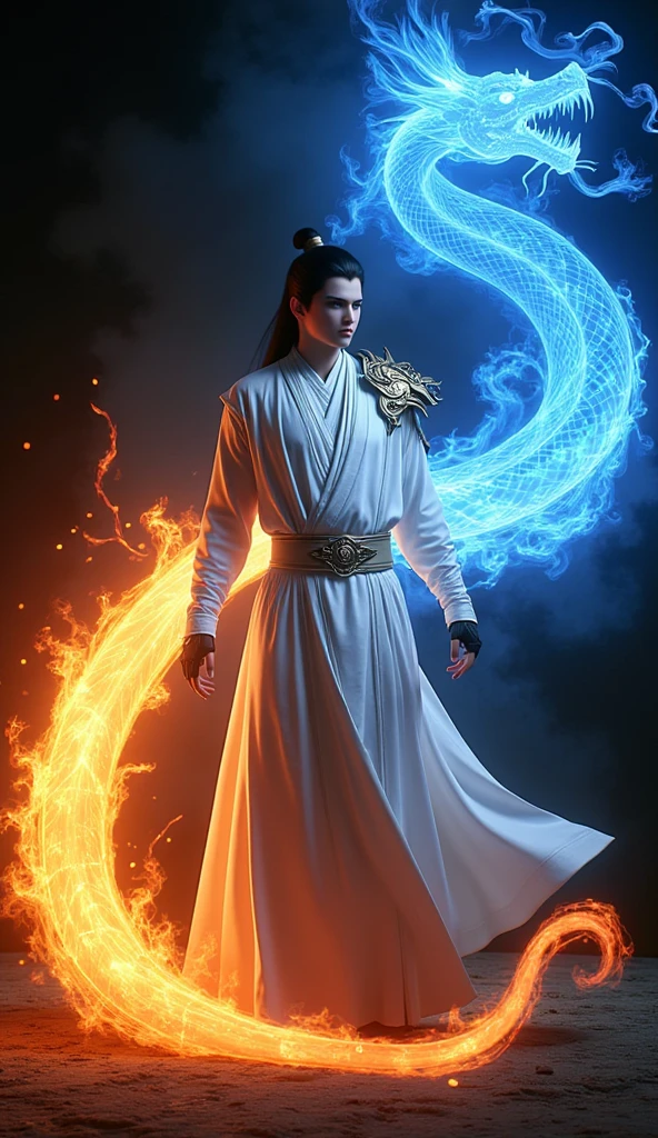 1boy,male focus,(full body:1.1),mage,metal shoulder plate,(gloves have gold trim:1.1),A dragon made of fire and a dragon made of blue magic surround the body,in white robes,use fire magic,Silk robe,black hair,Alone,standing,long hair,wide sleeves,single hair bun,long sleeves,full_body,front view,(  Perfect color light ), Clarify the focus, (  Solid art , Ice dancing, Skateboard images ,  Diverse clear colors ,  Draw with a fresh green flame),  black background ,  Multiple Exposures ,  Clear flame effects ,  Extremely high transparency ,  Sharp transparency ,  Sharp transparent colors ,  Raise transparency to the extreme , High color rendering, Ra100 ,  Best Quality ,  Super detailed ,  Ultra HD, 16K,  high resolution, Retina, 4K