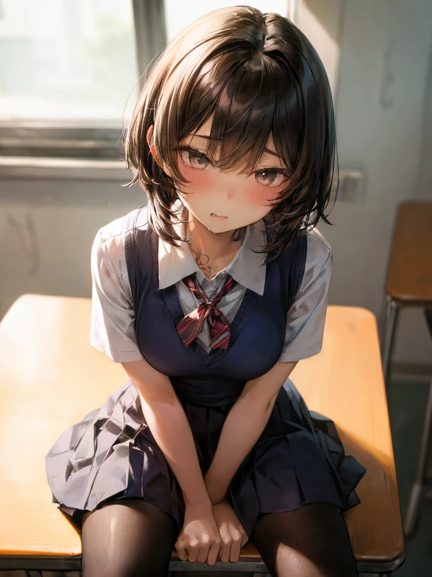 (masterpiece, highest quality:1.2)、(1 girl))、(high school uniform)、(School classroom)、(eyes half closed)、(lots of drool:1.3)、The body shakes violently、[:(detailed face:1.2):0.2] , (Cute tattoo)  , ((Black very short hair)) , , Sitting with Knees Up on School desk, spread legs , (black pantyhose)