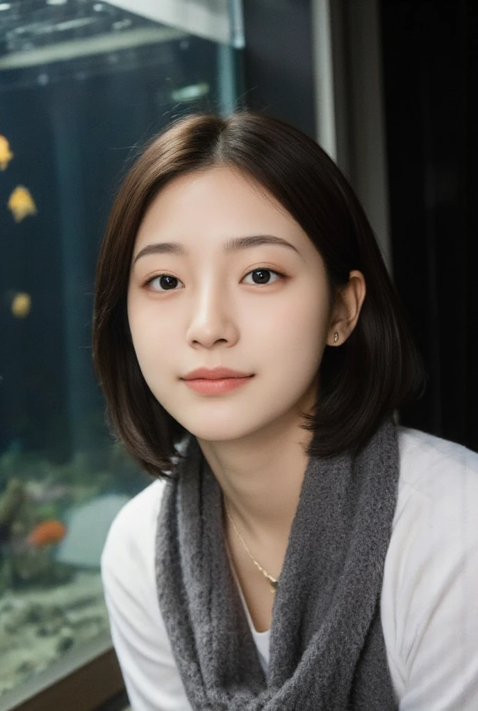 Woman looking and smiling at us with slightly dark aquarium in background, calm clothes, simple necklace, earrings, scarf, fish swimming in tank behind her.