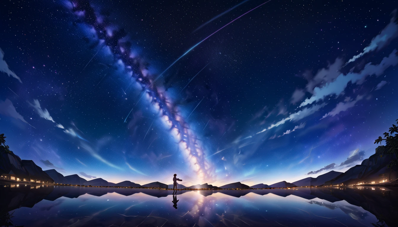 （（ best quality））， Staring at Shota Boy ,（（masterpiece）） Official Art , Integrated 8K wallpapers,  super detailed ,  highest image quality taken by Ki，Ultra Wide Angle， Beautiful night sky full of deep color,A star that emits a faint light that seems to disappear ,  Starry sky emits pale light ,Starlight ,Night sky with deep gradation ,　The night sky that seems to draw you in ，Beautiful starry sky , woman，Standing by the salt lake，The water is like a mirror，Reflecting the sky, Looking Up at the Sky ， Milky Way is in the sky， Staring at Shota Boy , Grace,  bright color， evening ， woman