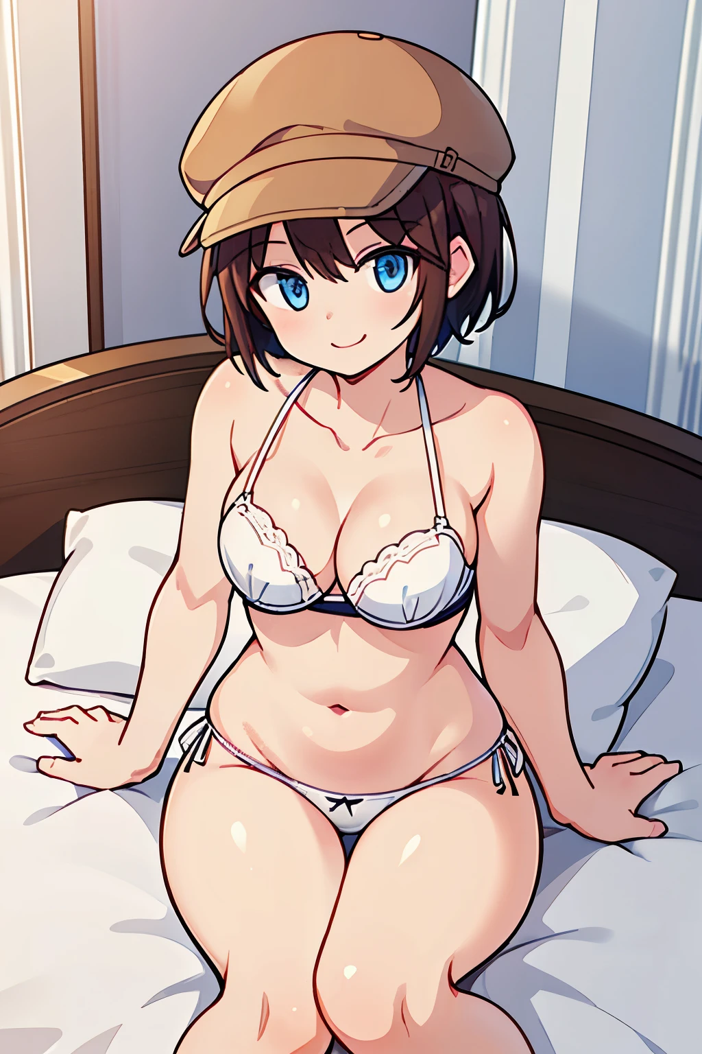 Helga Haruka   ,     blue eyes,   Brown Hair,    He wears short hair on his shoulders,  Brown hat,     white bra ,   white panties,     1 girl,   perfect anatomy ，   Love Hotel  ，   bed，smile