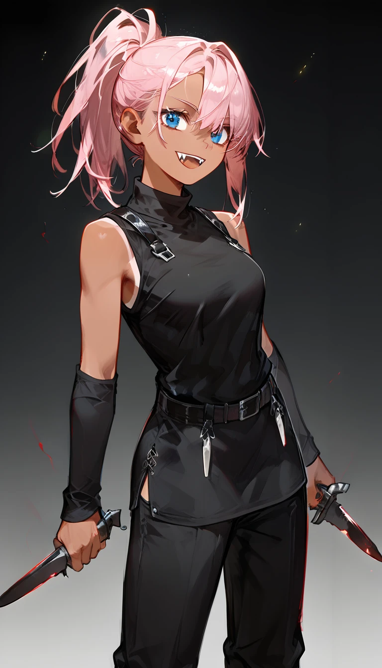 girl,Tan,Light pink hair,  in blue eyes , Small fangs , dark rings under the eyes,  3-sided ponytail , Killer shirt  ,Multiple belts  , Medium chest, , square sleeves  ,หน้าMedium chest,cool,, curving, shrinking, with a terrible smile,Tanned,Curved, shortened black back theme ,Holding a dagger, Black Pants, Double Shoulder Blouse,Black Knife , most knife 