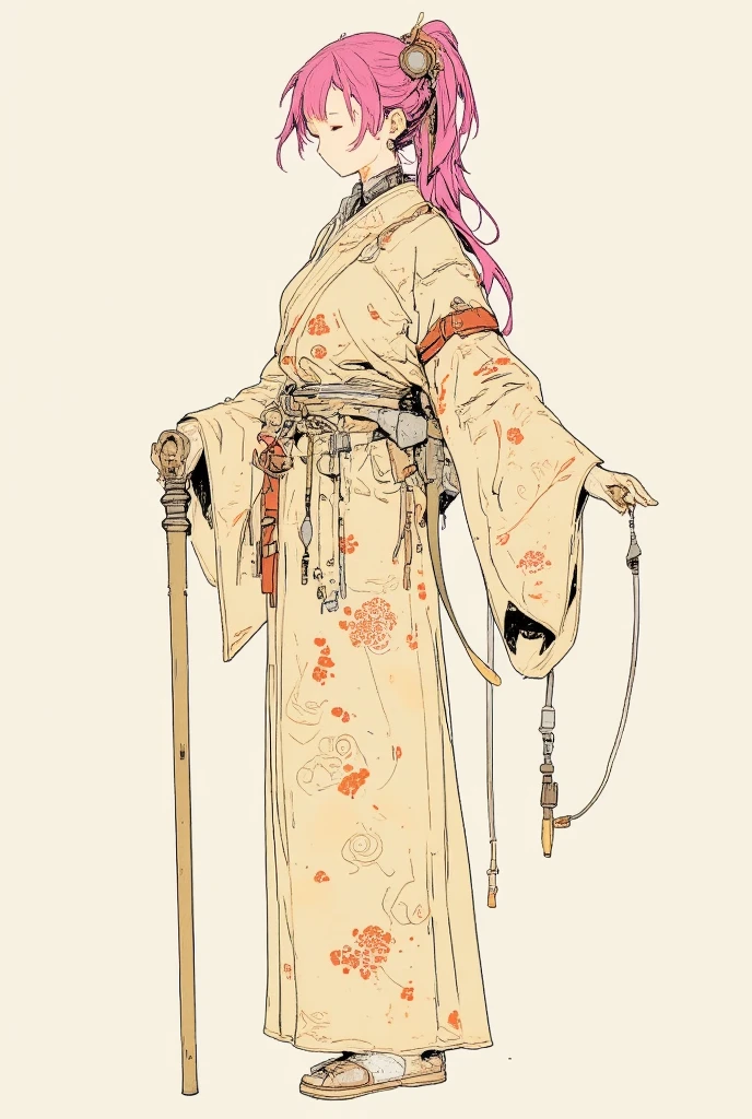  picture of an woman wearing a robe with wagasa pink Hair, very fine ink lines , More about ultra-fine ink, Drawn with a single line,  ink outline , Ultra-fine details, hand drawn, Very fine ink lines ,  picture on parchment , Single line drawing,  illustration black outline , fine inking lines