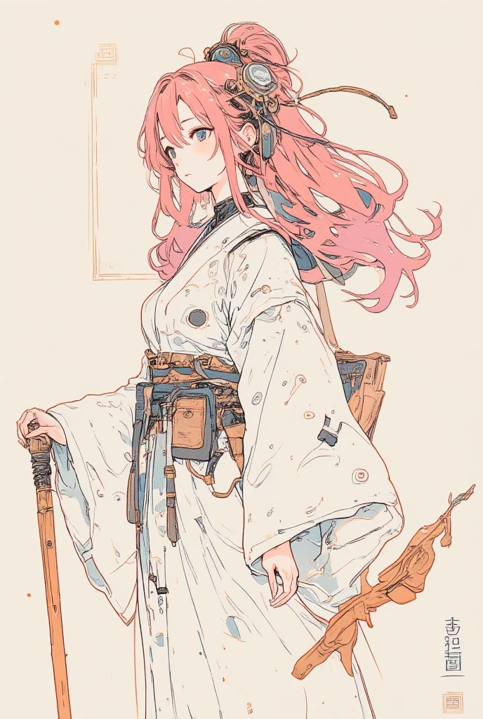  picture of an woman wearing a robe with wagasa pink Hair, very fine ink lines , More about ultra-fine ink, Drawn with a single line,  ink outline , Ultra-fine details, hand drawn, Very fine ink lines ,  picture on parchment , Single line drawing,  illustration black outline , fine inking lines