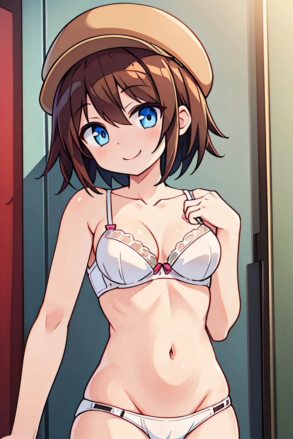 Helga Haruka   ,     blue eyes,   Brown Hair,    He wears short hair on his shoulders,  Brown hat,     white bra ,   white panties,     1 girl,   perfect anatomy ， smile