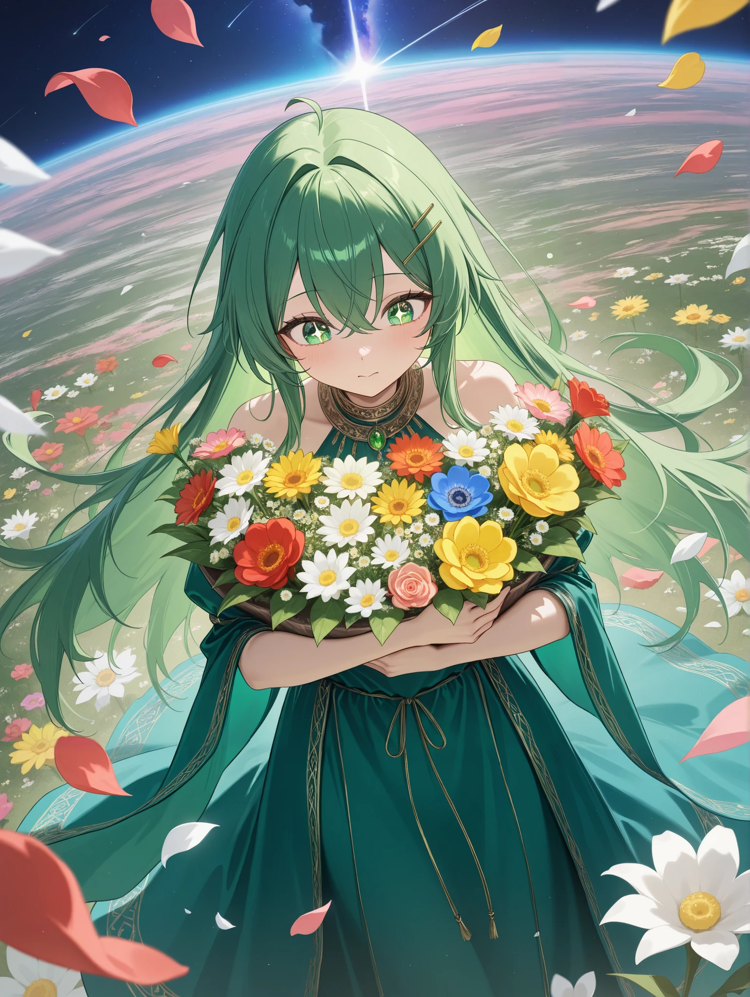 Early morning, Clip art of mysterious Girl, high angle, Between Space and Earth, The girl's head is decorated with many flowers, unravel, Universe, Necessary, Petals flying around, Illustration with a slightly scientific feel, Looking down on the Nazca Lines from a high vantage point, Higher, Emerald green eyes, Dressed in ethnic dress, the girl has a well-balanced body, sparkling eyes, brightly, SHARE