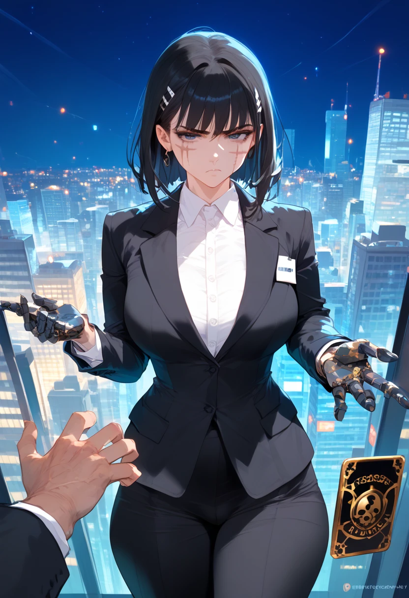 masterpiece, best quality, 1boy 1girl, dramatic lighting, glowing black card, mechanical hand reaching, business suit, long black hair, woman, face scar on man, modern office interior, night scene, city lights background, serious expression, mysterious atmosphere, cinematic composition, high quality illustration

NEGATIVE PROMPT: low quality, bad anatomy, bad hands, text, error, missing fingers, extra digit, fewer digits, cropped, worst quality, low quality, normal quality, jpeg artifacts, signature, watermark, username, blurry, deformed hands
