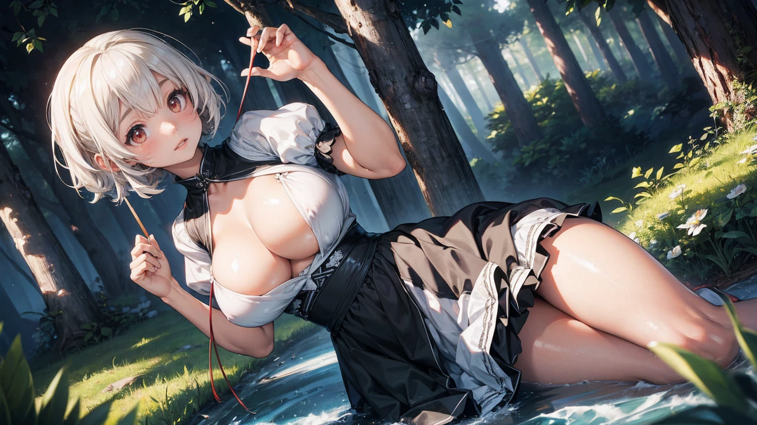 female,Round Face,Solitary,sports,Relax,blond,Big wavy hairstyle,elegant,whole body,(Open your legs),(((Exposing thighs))),full,Transparent openwork,White Deep V Tank Top,((White skirt)),stocking,leggings,(Brushstrokes,Impressionism,painting,Rich scenery),Disheveled,Chest contour,(((Wet clothing))),(((Ultra-thin clothing))),((Flesh outline)),Grinning
