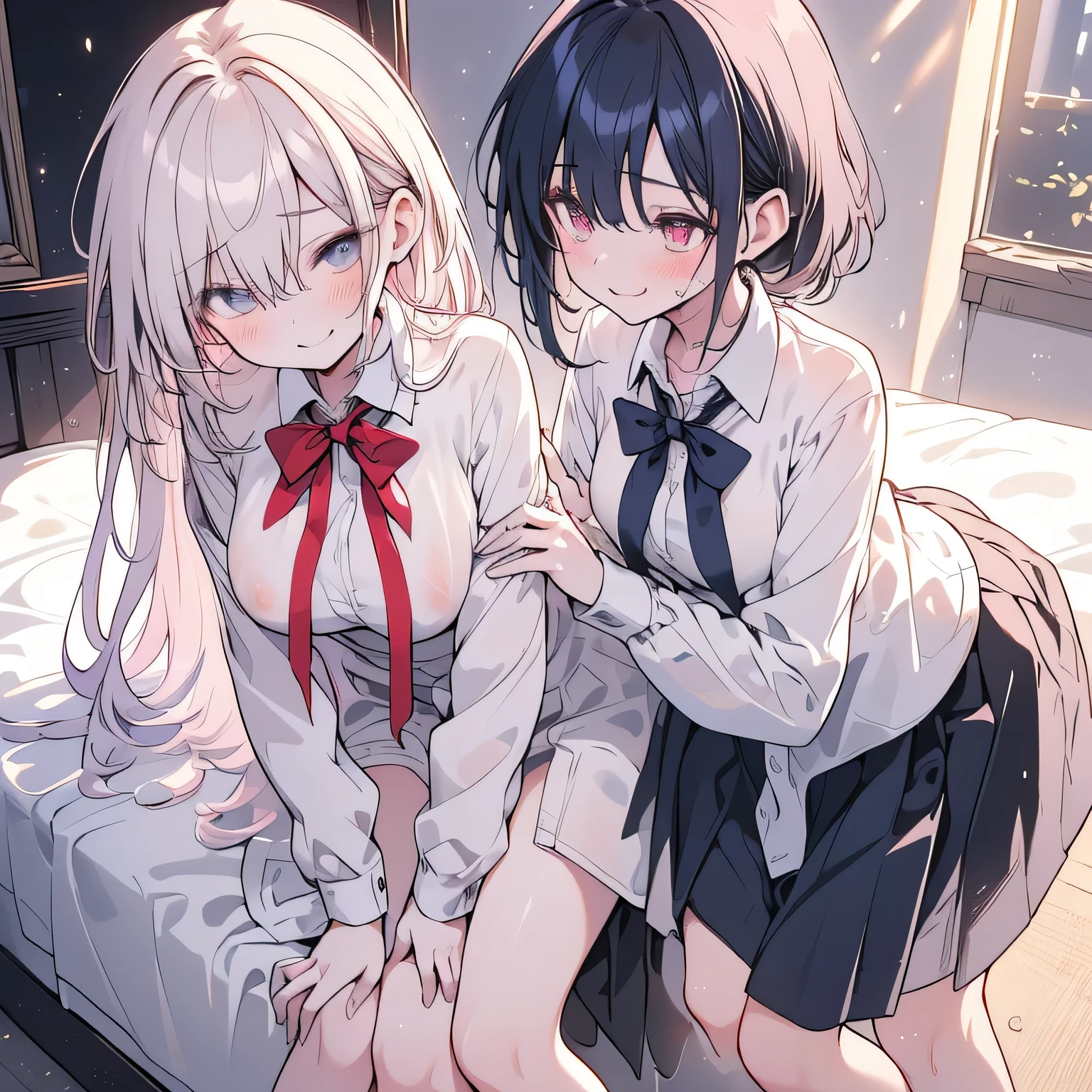 2 schoolgirl,twins,yuri,slim,big breasts ,indoor, nude,areola,school uniform, undone clothing, (erect nipples,One person fondles the other person's breasts from behind.)  ,(pubic hair,seductive smile), sexy, (masterpiece), lying on back, grinning,(Sweaty:1.3), flushed cheeks, blush,in the bedroom, at dusk,((fix_hands)),(fix_arms),(fix_legs),(fix_feet), ((((fix_fingers)))),(fix_breasts)best quality, expressive eyes, perfect face, long exposure, light steps, intricate colors, vibrant colors,((HDR,UHD,8K)), (((best quality))), (((masterpiece))), very aesthetic, absurdres