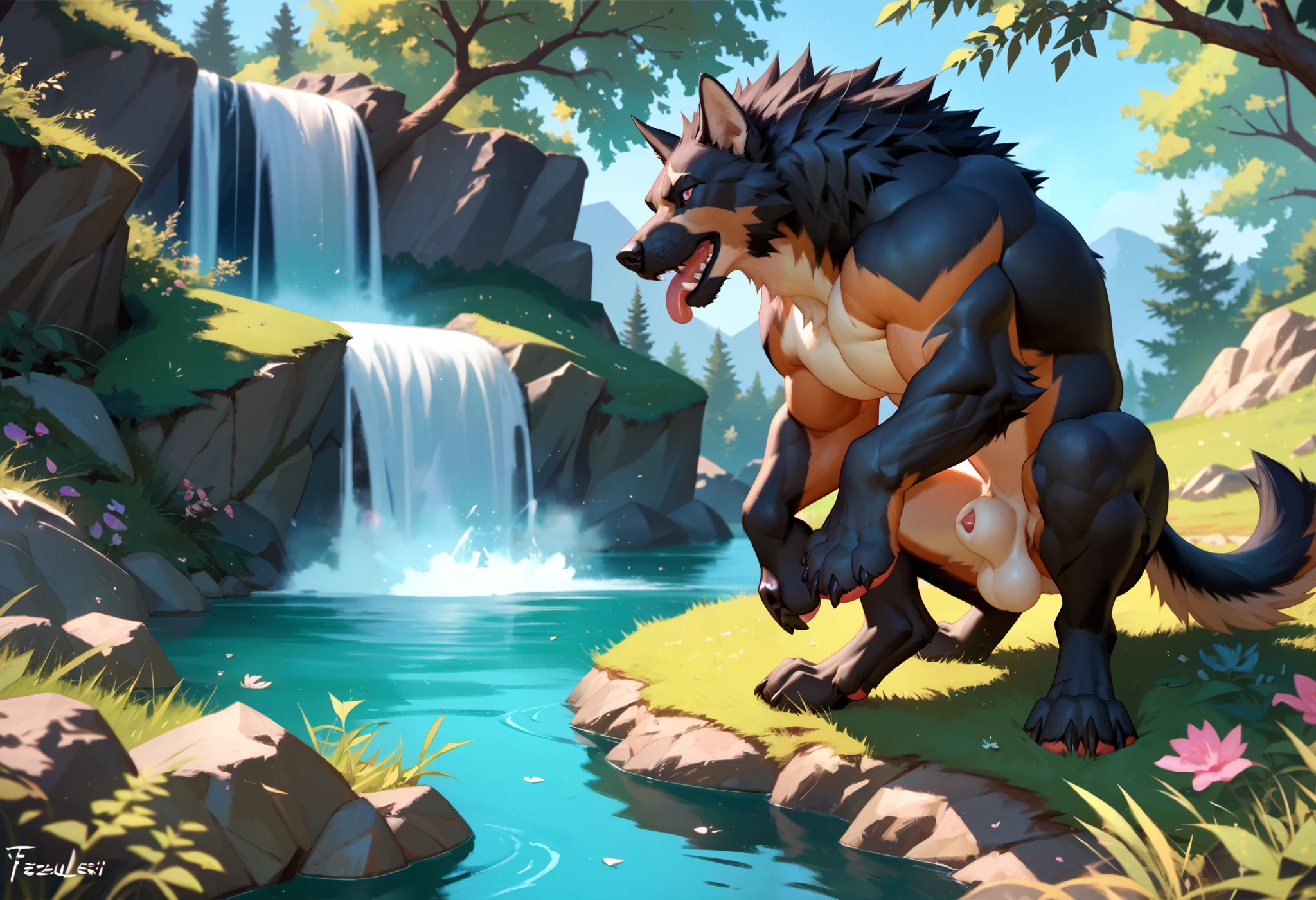 Muscular wolf, top veiw, feral fucking, having sex, gay sex, gay getting blowjob, black beard, black fur, black fur, black and green highlights, bulge, dog sheath, playful expression, body black fur, strong, fur and scales, scars on body, licking crotch, clean himself, licking, feral, muscular, small waist, thick tail, thick silver fur on the shoulders, marked detailed jaws, open jaws big pecs, wearing leather armor, full body, comicbook style, best quality, 4k, ultra-detailed, by laobai, by taran fiddler, by honovy, by null-ghost, by thebigslick, bathing in lake, lake and waterfall scenery, night, darkness