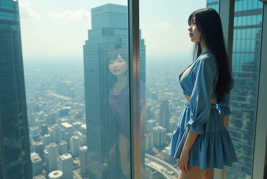 A woman in a bikini, standing in front of a large floor-to-ceiling window, half back, slim figure, overlooking the architecture of Tokyo, everything covered in film, rich details, panoramic perspective, cinematic texture, epic feeling, cinematic texture Kodak film, scrapes and scratches, backlight, 8K,