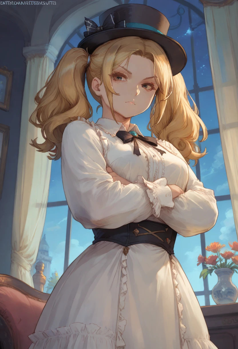 masterpiece, best quality, 1girl, solo, looking at viewer, dfKirara, twintails, blonde hair, hair ornament, kodona, collared shirt, hat bow, frills, long sleeves, top hat, dress, indoors, armchair, mansion, vase, crossed arms, pantyhose, gloves, window, curtains, from below, night, night sky, v-shaped eyebrows, closed mouth, serious