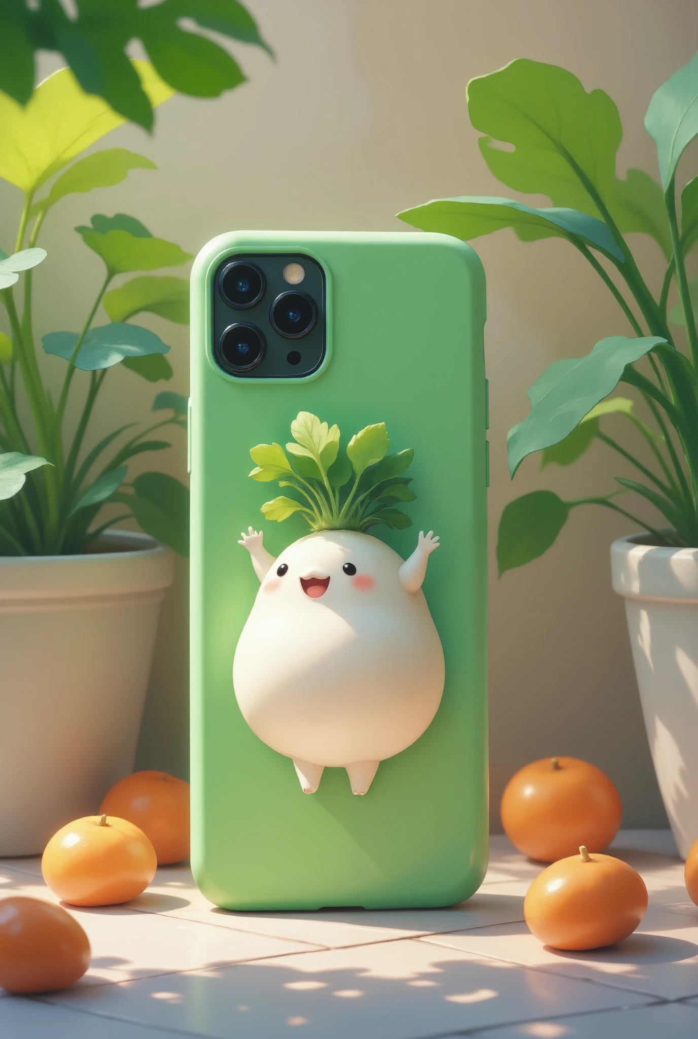 Smartphone Cases, Daikon's ２ D character is drawn on the green case。chubby daikon with arms and legs, おしゃれなSmartphone Cases