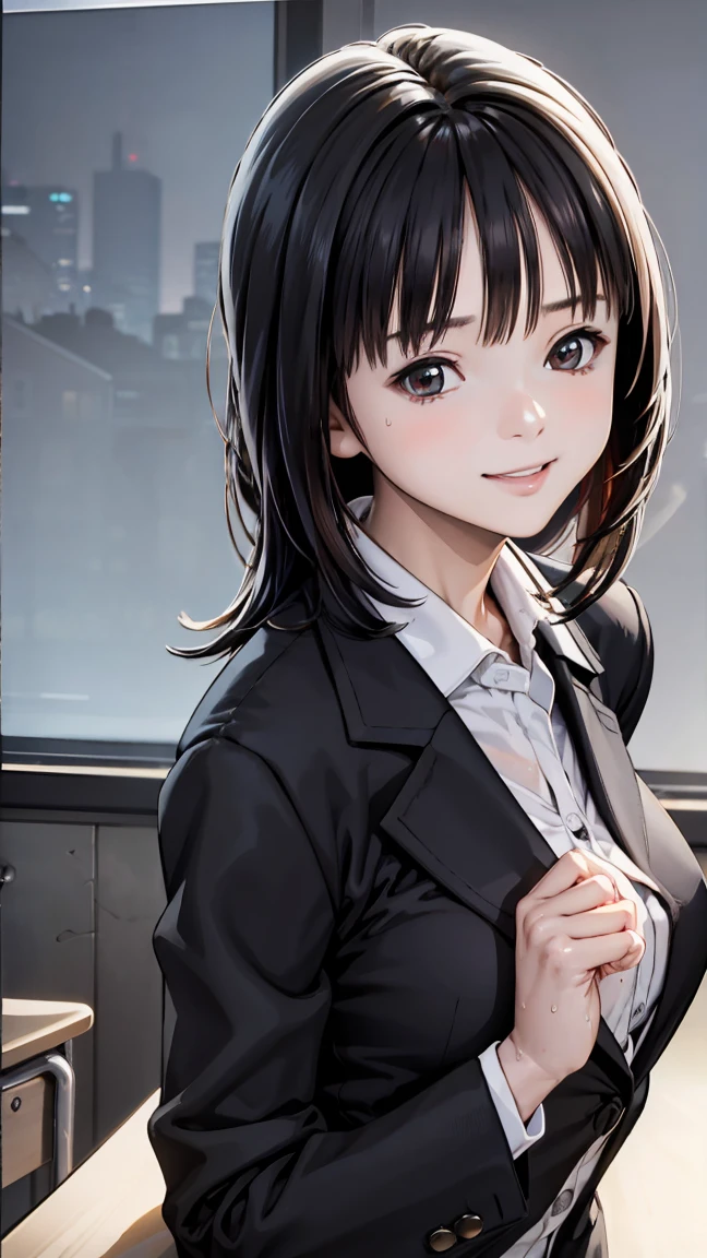 school teacher and  、 school classroom、machine、( black business suit)、expensive,  170 centimeters、  (Crazy behavior), 、 Big Breasts 、  red cheeks  、(smile)、、  sweaty body、  wet hair,   Wakino , big , (expensive色彩彩度:1.0),  (  very detailed肌), ( top quality :1.0), (  super high res:1.0) ,(  realistic  :1.0), (  very detailed:1.0), (8k,   RAW photos :1.1)、(Touch your own hands)、handjob 、 男子ペニスをHandjob、(Handjob)、 Pizuri