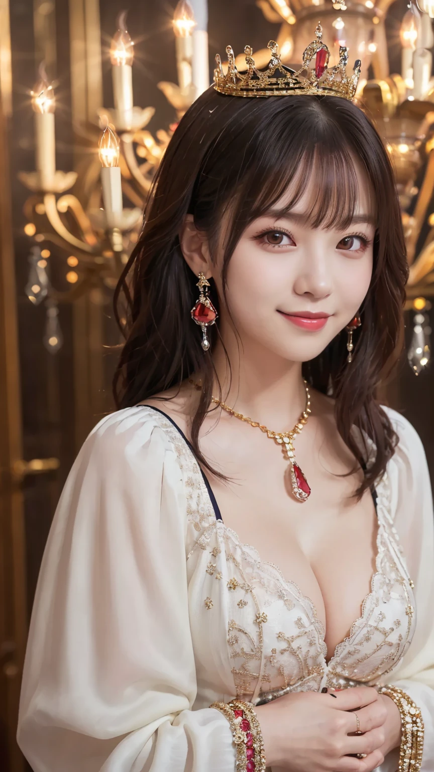 (colorful long-sleeved queen outfit with jewels : 1.5), (upper body : 1.5), smile, ( Royal Background with Chandelier : 1.5), (Carrying the Crown  : 1.4), ( curled hair  : 1.4), young and adorable Japanese face, Official Art, high definition CG Unity 8k wallpaper,Ultra high definition ,Very detailed, half photos with Brazil, high definition , Kodak Portrait 400, film grain , lens flare glow, best quality,8k, as a portrait shot,8k, Show viewer, (( best quality)), ( super detailed), smile, (( sexy)), (( Very detailedな)), (detailed clothing features), (beautiful), Illustration, beautiful Japanese woman, ((1 female)), (Bold Cleavage : 1.3)