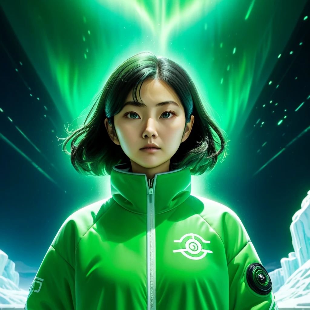 Hoyeon Jung,  korean woman, 1 woman wearing green and white jacket with the number 067 on the top left, netflix, squid game, Kang Sae-byeok, in a stone arena, front view ((masterpiece, highest quality, Highest image quality, High resolution, photorealistic, Raw photo, Extremely detailed CG unified 8k wallpaper)), (squid game character with hyperliquid theme, perfect proportions, ), Aurora Over the Glacier、(view from below)、
