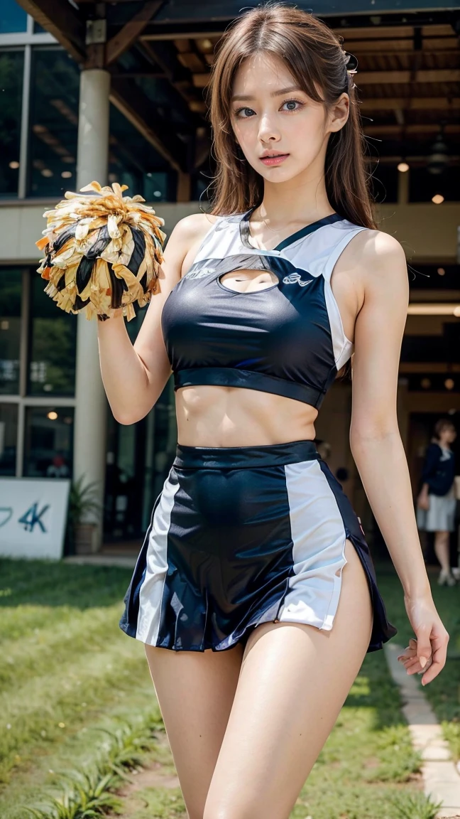 A beautiful young Japanese woman, 20 years old, with perfect anatomy, healthy thighs, beautiful feet, flawless skin, random hair color and style, large bust, (she is standing:1.2), wearing a cheerleader uniform with micro-pleated miniskirt, in a full body shot, standing in a stadium, (best quality,4k,8k, highres, masterpiece:1.3), (extremely detailed:1.2), Keiko Kitagawa