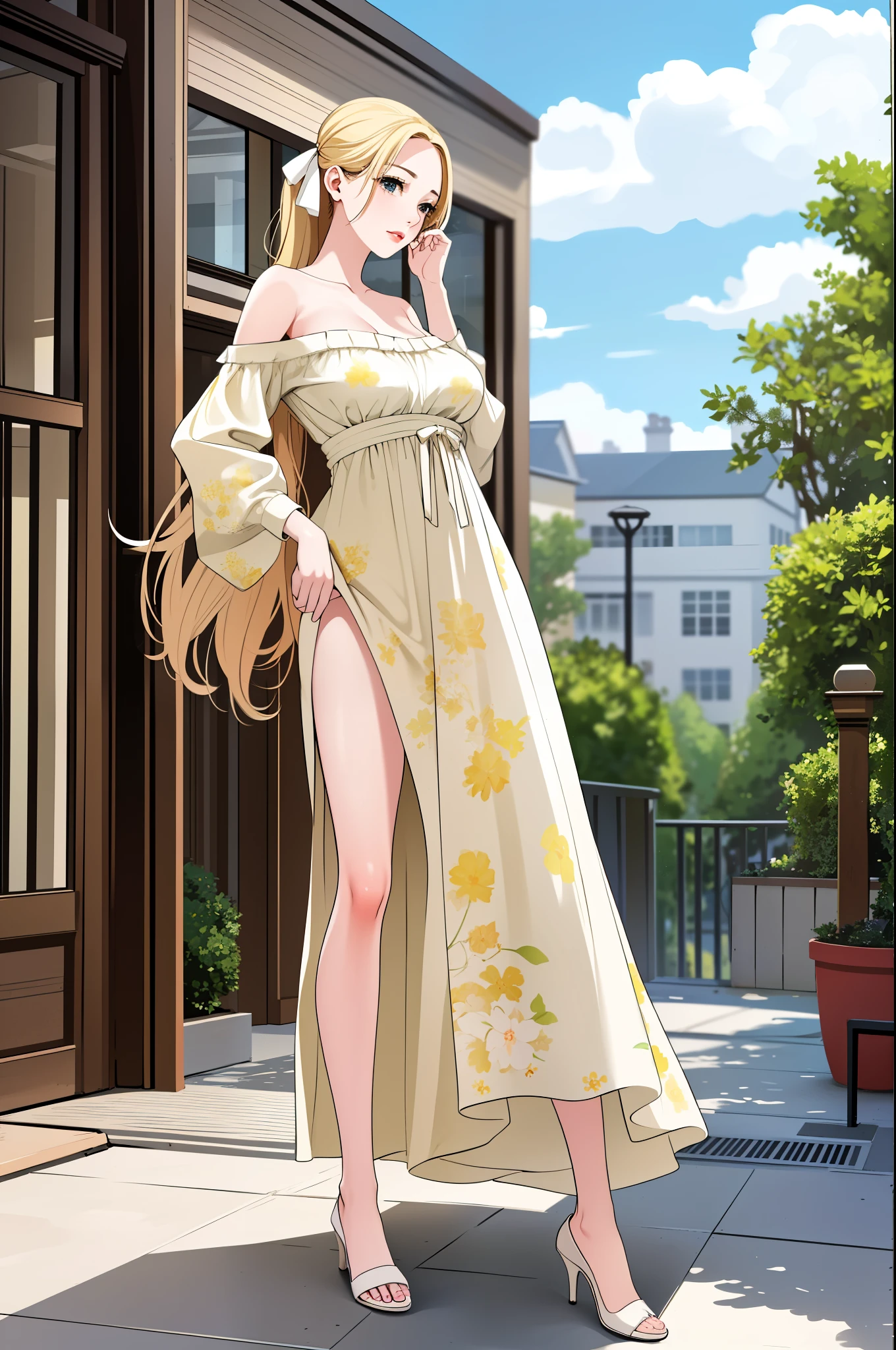 An extremely gorgeous stunning beautiful feminine mother with long blonde hair tied with a white ribbon, extremely fair white skin, big green-blue hazel eyes, plump red glossy lips, a plain simple smile, a plain thin slim normal body, tender arms, wearing a simple long floor-length yellow floral dress and a sweater worn in an off-shoulder style hanging on her elbows, flat heels, standing straight, garden in the background, show full drawing from head to feet.