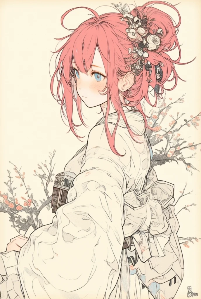  picture of an woman wearing a robe with wagasa pink Hair, very fine ink lines , More about ultra-fine ink, Drawn with a single line,  ink outline , Ultra-fine details, hand drawn, Very fine ink lines ,  picture on parchment , Single line drawing,  illustration black outline , fine inking lines