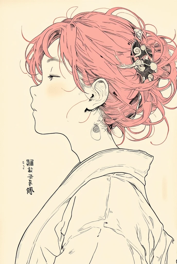  picture of an woman wearing a robe with wagasa pink Hair, very fine ink lines , More about ultra-fine ink, Drawn with a single line,  ink outline , Ultra-fine details, hand drawn, Very fine ink lines ,  picture on parchment , Single line drawing,  illustration black outline , fine inking lines