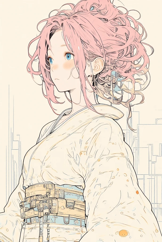  picture of an woman wearing a robe with wagasa pink Hair, very fine ink lines , More about ultra-fine ink, Drawn with a single line,  ink outline , Ultra-fine details, hand drawn, Very fine ink lines ,  picture on parchment , Single line drawing,  illustration black outline , fine inking lines