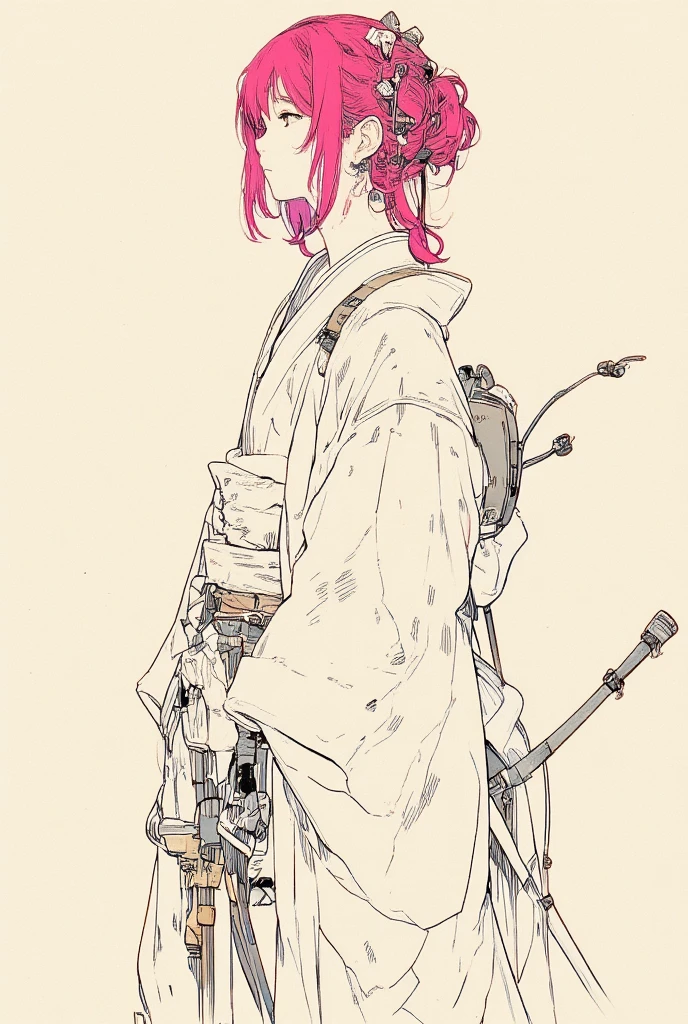  picture of an woman wearing a robe with wagasa pink Hair, very fine ink lines , More about ultra-fine ink, Drawn with a single line,  ink outline , Ultra-fine details, hand drawn, Very fine ink lines ,  picture on parchment , Single line drawing,  illustration black outline , fine inking lines