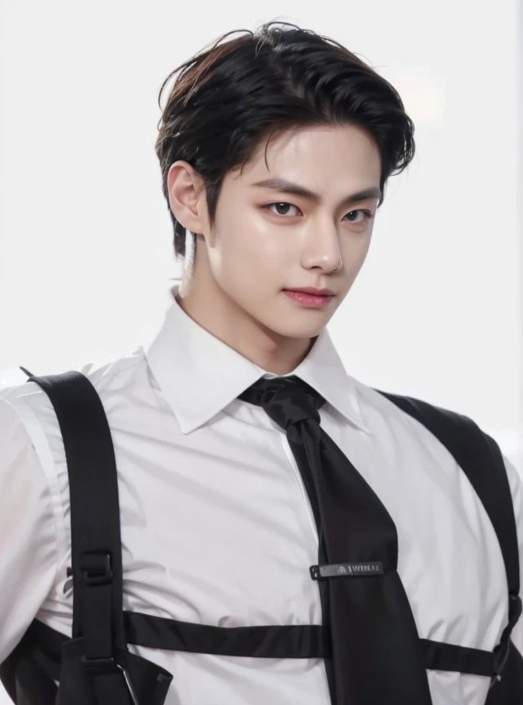 image of a man in a tie and shirt, Webtoon, man with realistic short thick black hair, exactly the same hairstyle, realistic beautiful face, realistic expression serious face, adapt the same clothes, realistic white shirt, eye shirt, Realistic light, realistic shadows, Realistic ultra high resolution background.photo-realistic:1.4,UHD. Realistic,High resolution without, Masterpiece, Best Quality, Ultra-detailed, better shadow, voluminous lighting), Super High Quality, High Resolution, 8K, Hyper-realistic portrait , photorealestic, dinamic lighting, voluminous lighting, Very Detailed Faces