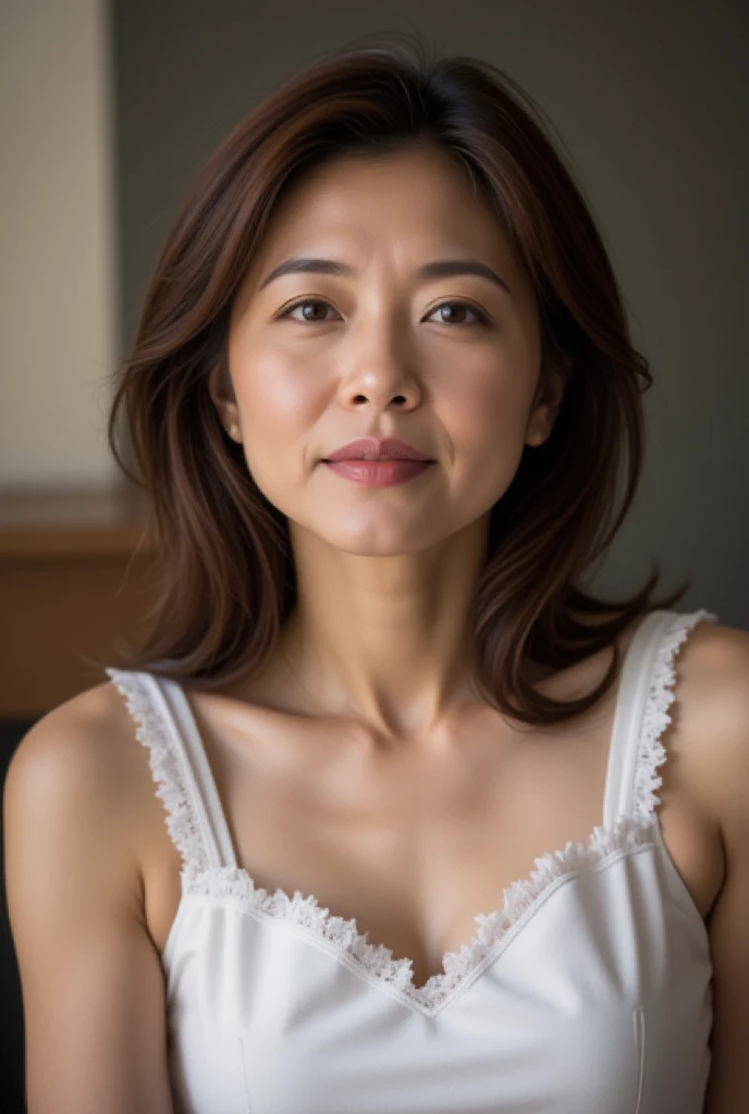 Mature Woman, ( Detailed description of the hair), (Detailed description of the face), (Detailed description of the body), high definition , masterpiece,  top quality ,  High Details, formal: 1.4), ( realistic : 1.2, 超 realistic な: 1.1,  realistic: 1.37), ( sharp focus : 1.4),  is written by,  looking up with moist eyes,  wavy hair , ,  unrivaled beauty , (Ultimate beauty), (lipstick:1.1), ( eyeliner :1.2), ( mascara), ( Eye Shadow ), (48 years old,: 1.4), Japanese、 closeup 、 fine lines of laughter :1.2、seductive smile,(Classic White x Frilled Cafe Apron)、blurry background