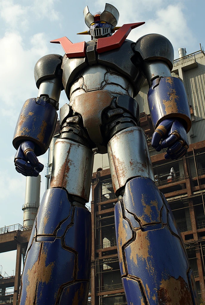 A highly realistic version of Mazinger Z, standing at 18 meters tall in a foreshortened position. The robot is constructed with modern materials like steel, carbon fiber, and other industrial elements, giving it a lifelike, rugged appearance. Its surface is detailed with visible welds, bolts, and realistic textures, showing some signs of wear. The iconic features such as the chest plates and head are meticulously recreated. The scene is set in a modern industrial environment, with Mazinger Z towering over the surroundings, illuminated by natural light that casts realistic shadows and highlights its massive structure. 